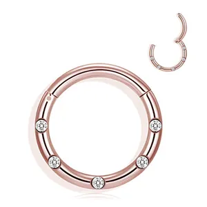 Rose gold stainless steel hinged septum ring with five sparkling cubic zirconia stones