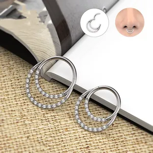 Silver stainless steel double nose ring clicker with sparkling zircon stone inlay