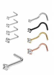 Detailed view of 316 stainless steel L-shaped and wave-style nose studs with zircon