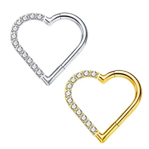 316L stainless steel heart-shaped clicker ring with 18K gold plating and pavé cubic zirconia