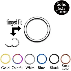 Detailed view of G23 solid titanium hinged rings in six available color finishes