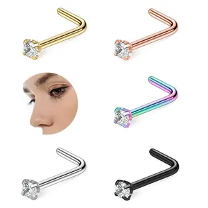 Five-color L-shaped 316L stainless steel nose stud set with sparkling cubic zirconia stones