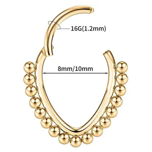 Golden heart teardrop 16G clicker piercing ring for septum or helix with beaded edge
