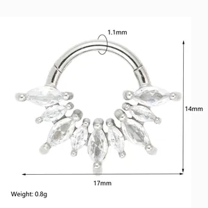 Silver 316 stainless steel hinged hoop earring with marquise zircon fan design