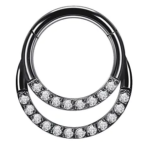 Black stainless steel hinged double row cubic zirconia nose hoop piercing ring
