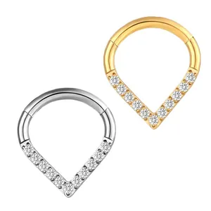 316L stainless steel hinged segment rings with zircon teardrop V-shape design in gold and silver