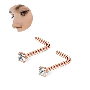 L-shaped rose gold nose studs with round clear zircon stones and a detailed model wear view