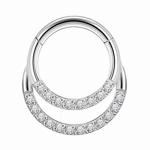 Surgical steel hinged nose ring with double row of clear cubic zirconia stones