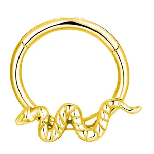 Polished golden 316L stainless steel nose ring featuring a minimalist coiled snake design