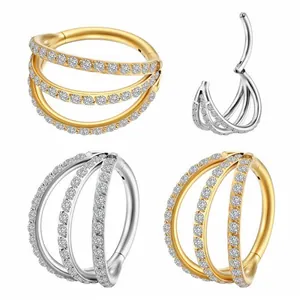 Stainless Steel Triple Layer Zircon Hinged Segment Ring For Nose Ear Piercing Jewelry For Unisex Minimalist Punk Style