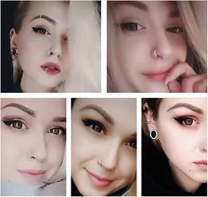 Detailed close-up of various 316L stainless steel nose rings and body piercings on models