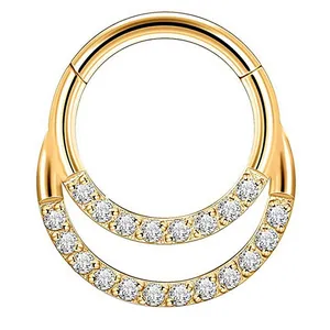 Double Layer Stainless Steel Nose Ring Zirconia Inlaid Septum Clicker Hinged Segment Ring Punk Body Piercing Jewelry Unisex