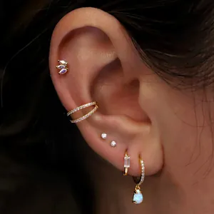 Golden double layer zircon nose ring and earring set with white opal teardrop charm