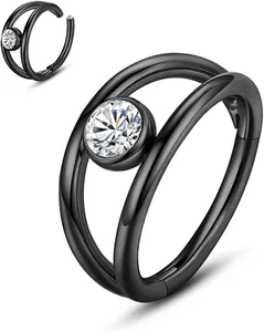 Macro detail of black stainless steel hinged nose ring with sparkling cubic zirconia stone