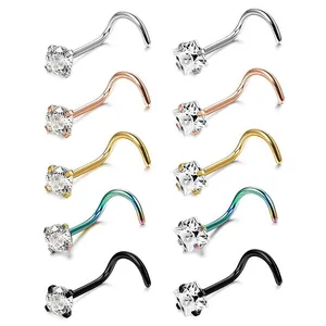 Set of 10 L-shaped 316L stainless steel nose studs with round and square cubic zirconia