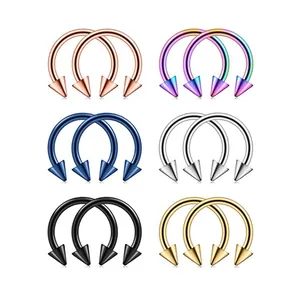 Set of 6 pairs colorful stainless steel horseshoe rings with cone spikes for body piercing