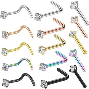 Macro shot of 15-piece 316L stainless steel nose studs with colorful zircon crystals