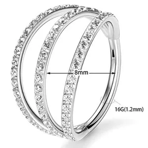 Three-layer silver nose ring with cubic zirconia stones, size 1.2mm by 8mm diameter