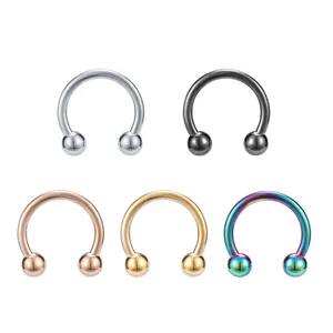 Close-up of circular barbells in five colors including gold and silver stainless steel