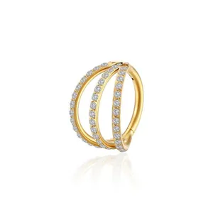 Triple layer gold hinged hoop ring with pavé set zircon stones for ear and nose piercings