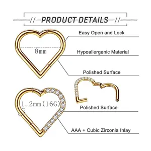 18K gold plated heart septum ring clicker with AAA CZ stone and 8mm inner diameter