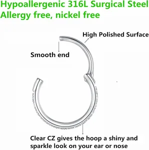 Macro view of 316L surgical steel hinged ring with high polished finish and CZ stones