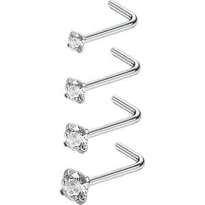 L-shaped 316L stainless steel nose studs set with clear claw-set cubic zirconia