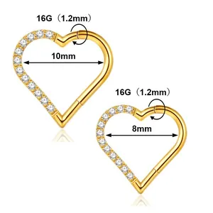 16G heart-shaped 316L stainless steel clicker jewelry with 18K gold and zircons