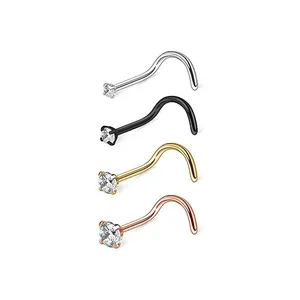 Set of four stainless steel L-shaped nose studs with clear round zircon in four colors