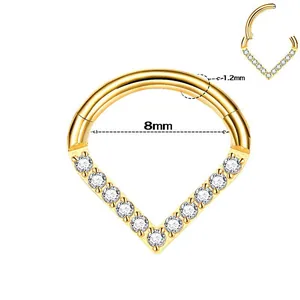 16G gold 316L stainless steel septum ring with 8mm inner diameter and clear zircon inlay