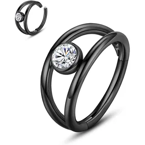 316L Stainless Steel Double Layer Hinged Segment Ring Clear Zirconia Nose Septum Clicker Piercing Jewelry For Women Men