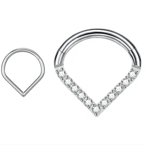 V-shaped 316L stainless steel seamless nose rings set with sparkling zircon crystals