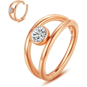 Rose gold 316L stainless steel double hoop piercing ring with sparkling zircon stone