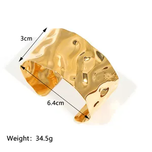 18K gold plated stainless steel chunky cuff bracelet with irregular water wave texture