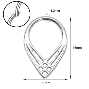 Polished stainless steel teardrop clicker nose ring with mesh punk design, size 1.2mm
