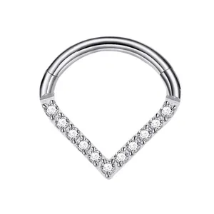 316L stainless steel V-shaped nose ring with eleven clear zircon gemstones in silver finish