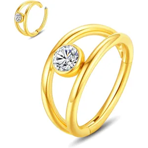 316L gold stainless steel double hoop clicker ring with a round white zircon stone