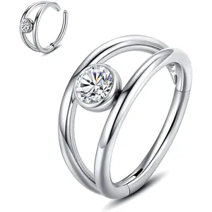 316L stainless steel hinged double segment ring with a clear sparkling zircon stone
