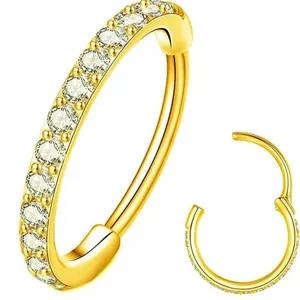 316L stainless steel gold hinged nose ring with white cubic zirconia pavé stones