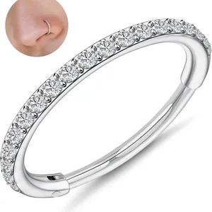 Silver 316L stainless steel hinged nose ring with paved zircons and wearing demonstration