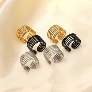 Minimalist Stainless Steel Multi Layer Open Ring For Women Men Vintage Wide Adjustable Finger Ring Jewelry Gift