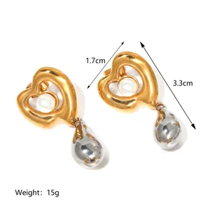 Two-tone heart drop earrings with pearl inlay, 18K gold and silver plating, 3.3cm length
