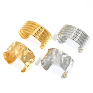 18K gold and silver plated chunky wavy layered open bangles with hammered texture