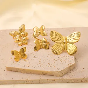 5-piece set of 18K gold-plated butterfly and bee rings with detailed metal texture