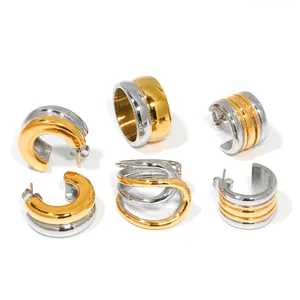 Ensemble minimaliste de boucles d'oreilles C bicolores or 18K et argent avec bague large
