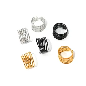 Adjustable multi-layer spiral stainless steel open rings in silver, black, and gold colors
