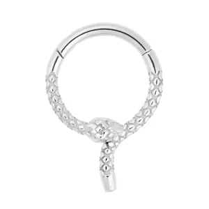Surgical steel hinged nose ring featuring double headed snake design and scale textures