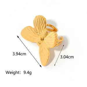 Detailed view of large 18K gold plated bow butterfly ring with size and weight specs