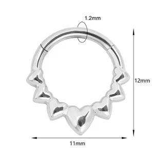 Silver stainless steel heart-shaped nose clicker ring with seven small heart motifs