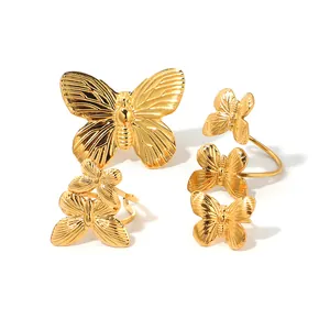 Exaggerated 18K gold-plated stainless steel butterfly ring set with intricate wing textures